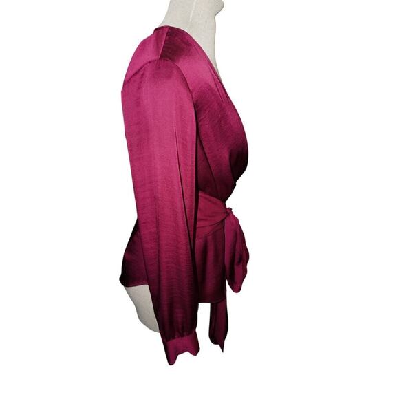 Anthropologie Moulinette Soeurs Burgundy Satin Wrap Blouse – Deep V Long Sleeve - Picture 5 of 14